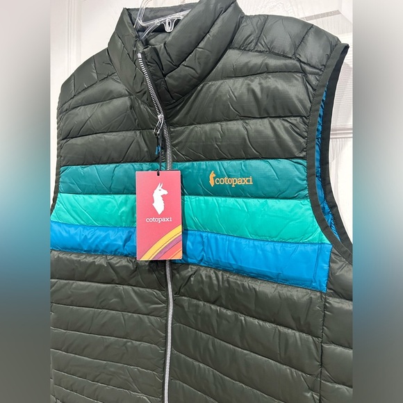 Cotopaxi Men's XL Fuego Down Vest Green Blue Woods Stripes NWT Puffy Puff Puffer - Picture 2 of 15